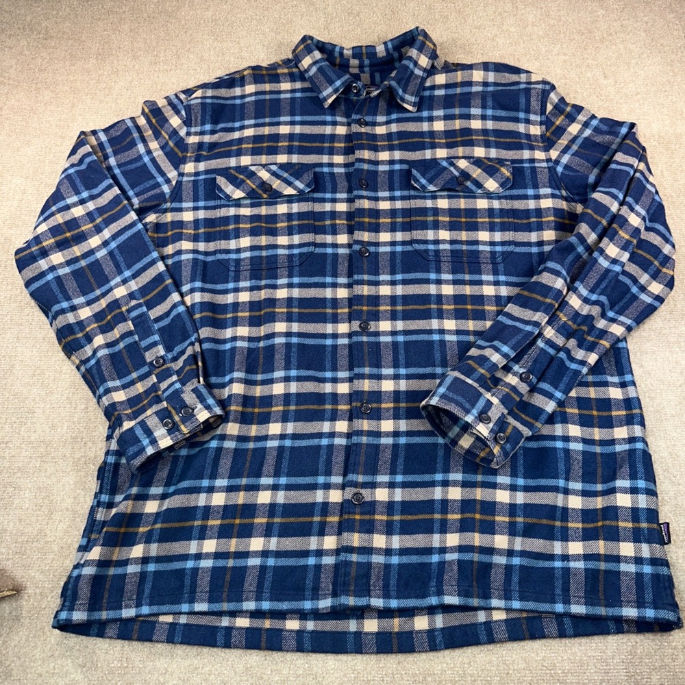 Patagonia Mens Blue Plaid Organic Cotton Flannel Button Down Shirt XL